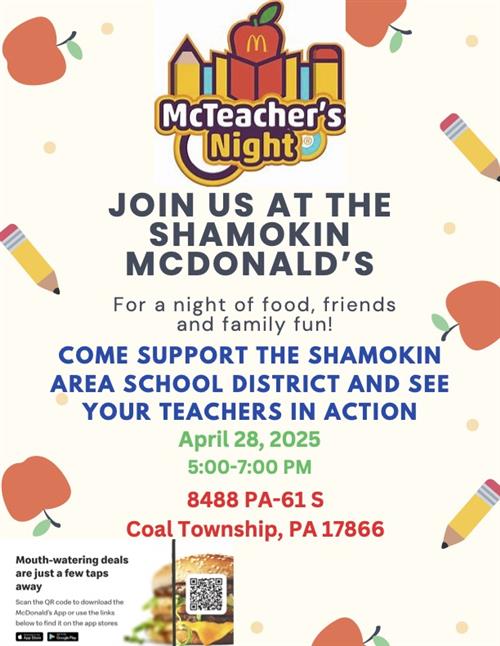 Meet the teacher night at McDonalds. April 28, 5-7 Pm